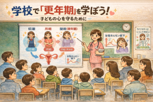 助産師が子どもと保護者に向けて、月経と更年期を含むライフステージの健康教育を行っている学校講義のイラスト